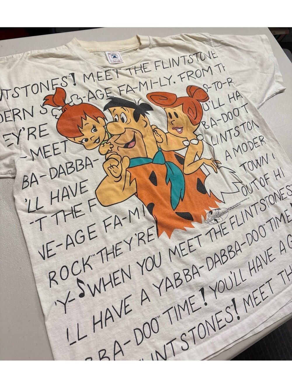 Vintage 1994 Flintstones All Over Print Lyrics T-Shirt Delta USA Sz XL Single